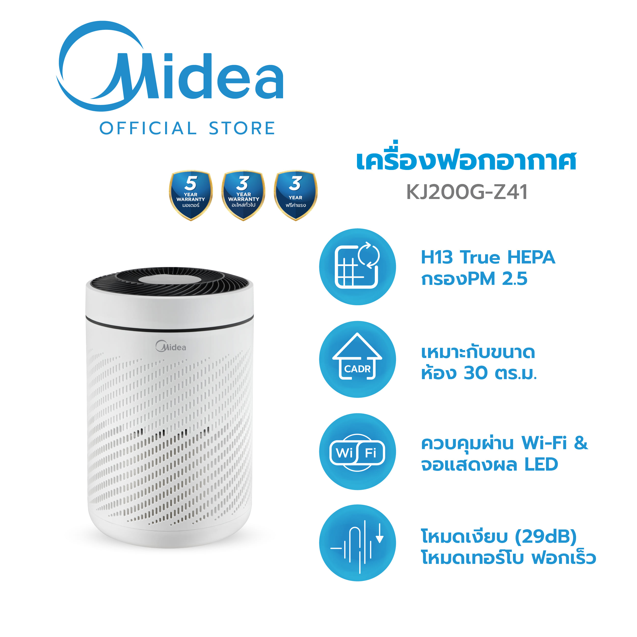 เครื่องฟอกอากาศ MIDEA รุ่น KJ200G-Z41 (กรองฝุ่น PM2.5 ด้วยฟิลเตอร์ HEPA 13)_1